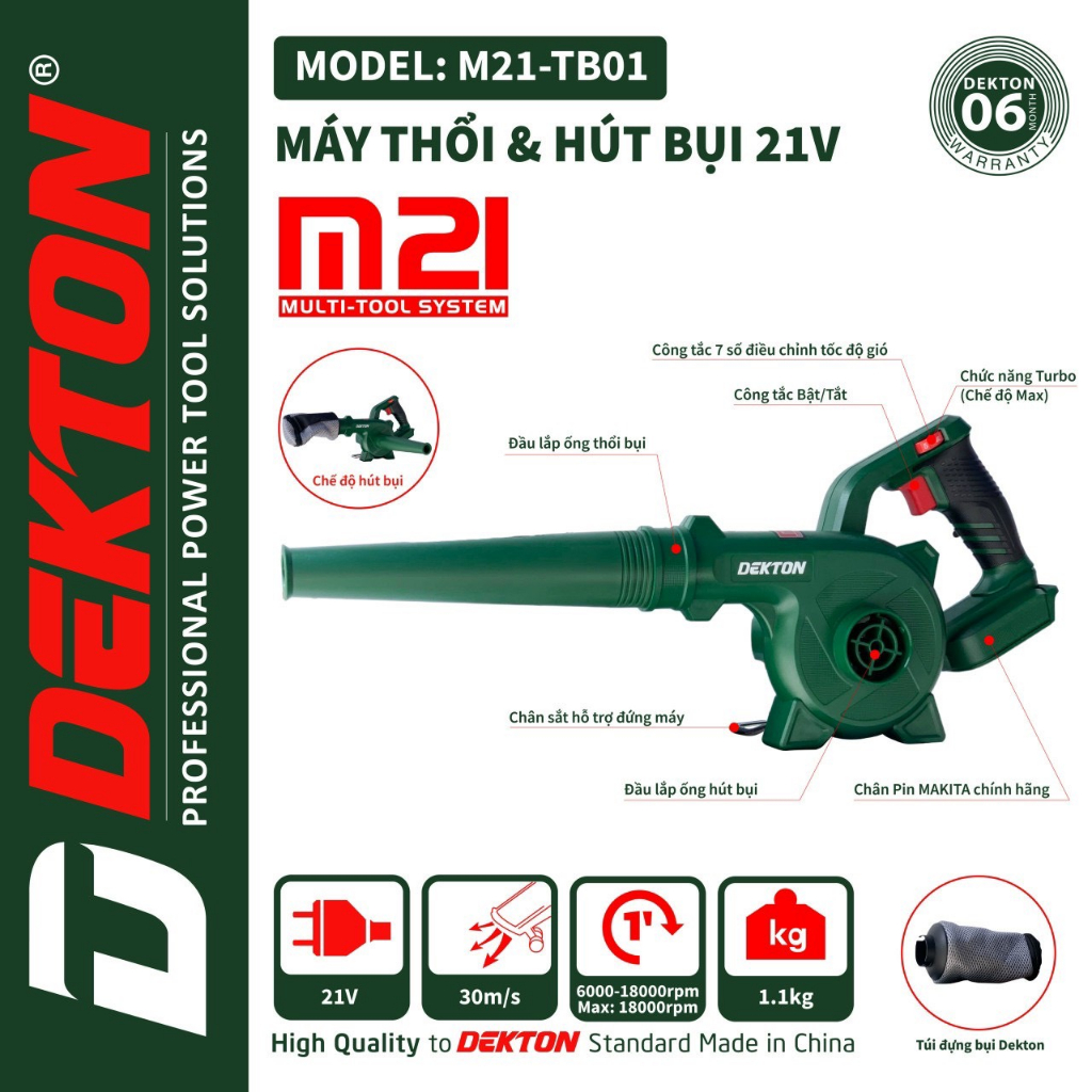 Máy thổi bụi con sò dùng pin dekton 6 cấp số / m21-tb01 / hệ pin m21 / chân pin phổ thông makita