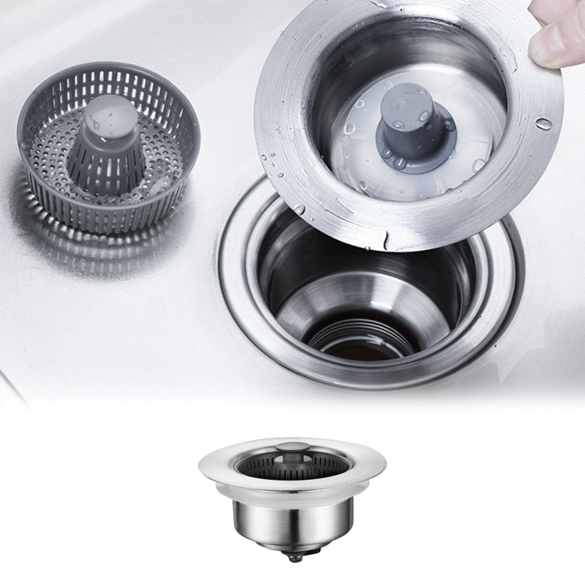 Kitchen Sink Odor Filter Press-Type Sink Seal Filter Plated Sink Strainer Drain Stopping Blockage Bouncing Core Leak-Proof Plug