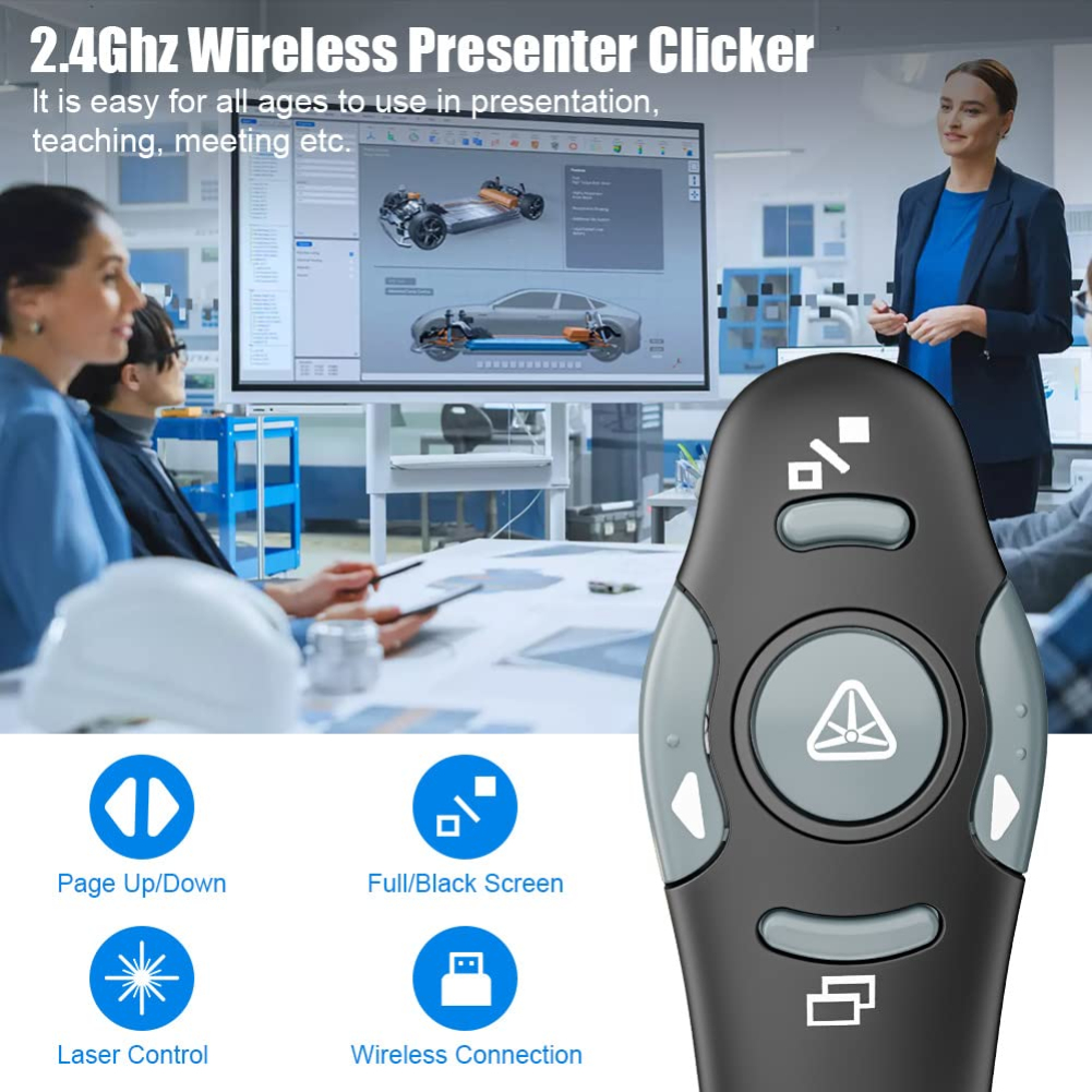 temper Wireless Presenter Clicker with Red Laser Pointer for Presentations, PowerPoint, Keynote, Google Slides - USB Receiver, Mouse Function - Portable and Affordable