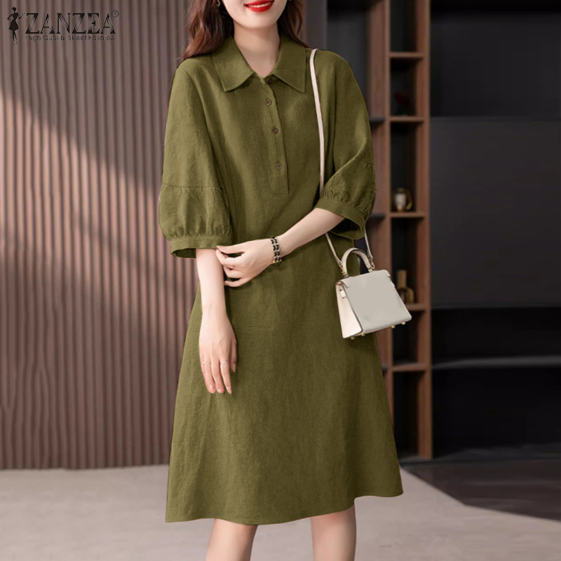 ZANZEA%20Korean%20Style%20Women's%20Dresses%20Casual%20Cotton%20Linen%20Short%20Sleeve%20Lapel%20Plain%20Loose%20Shirt%20Dress%20-%20Image%203