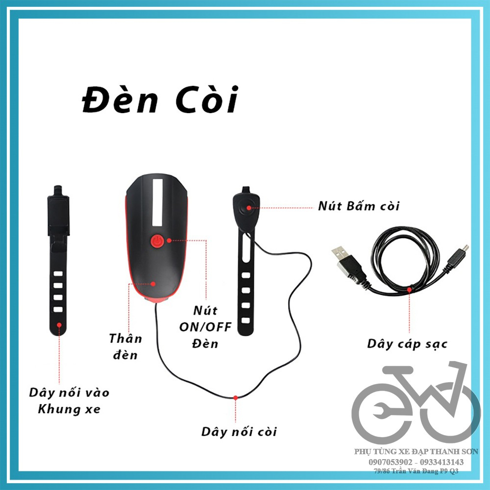 Đèn xe đạp thể thao siêu sáng có còi pin sạc usb