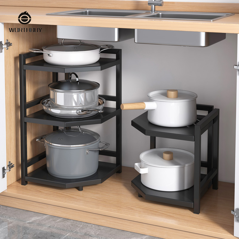 Kitchen corner shelves, multi-layer countertops, pots and pans, second-tier storage shelves, cabinets, cabinets, sinks, and layered storage