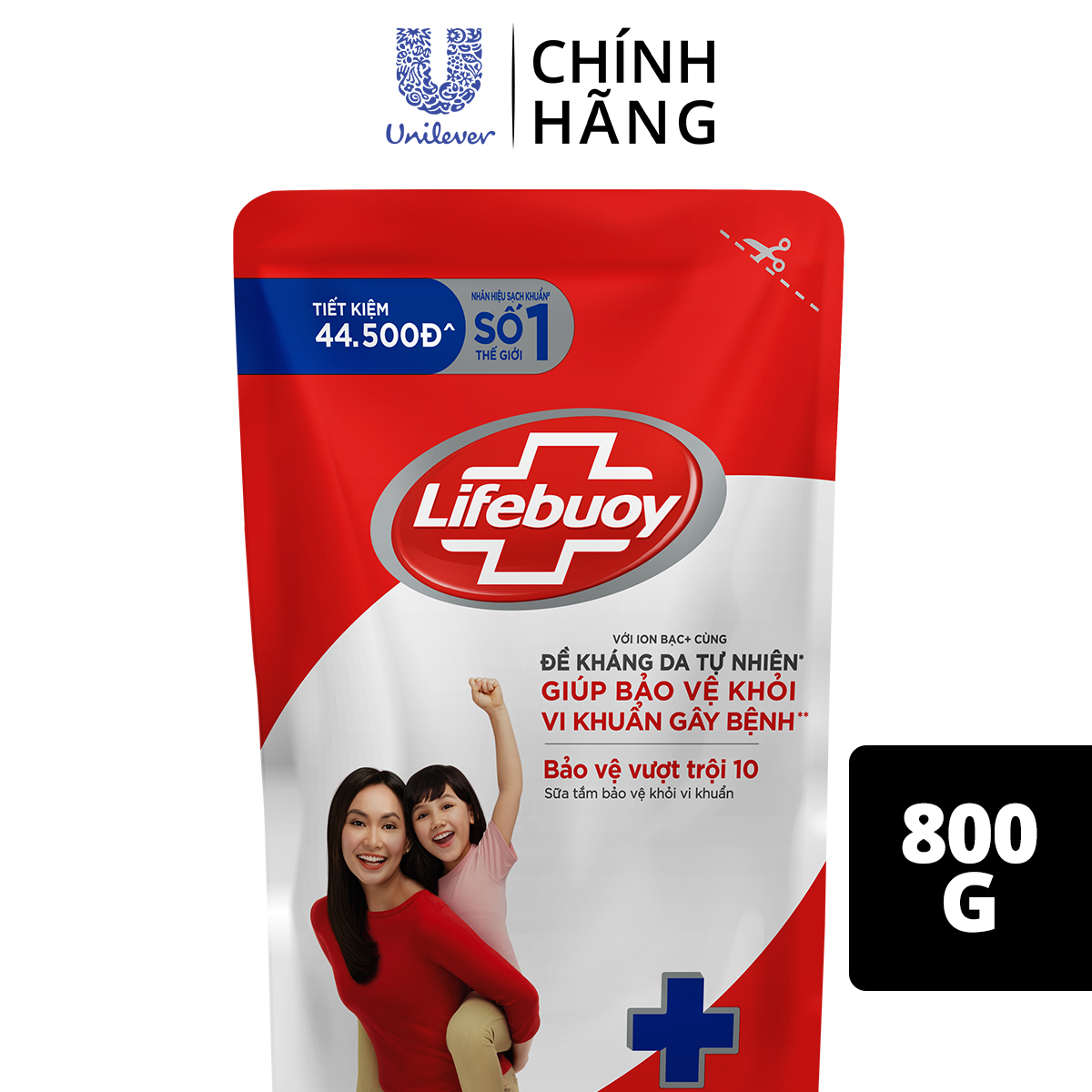 Sữa tắm Lifebuoy 800g Bảo Vệ Vượt Trội giúp bảo vệ khỏi 99.9% vi khuẩn và ngăn ngừa vi khuẩn lây lan trên da