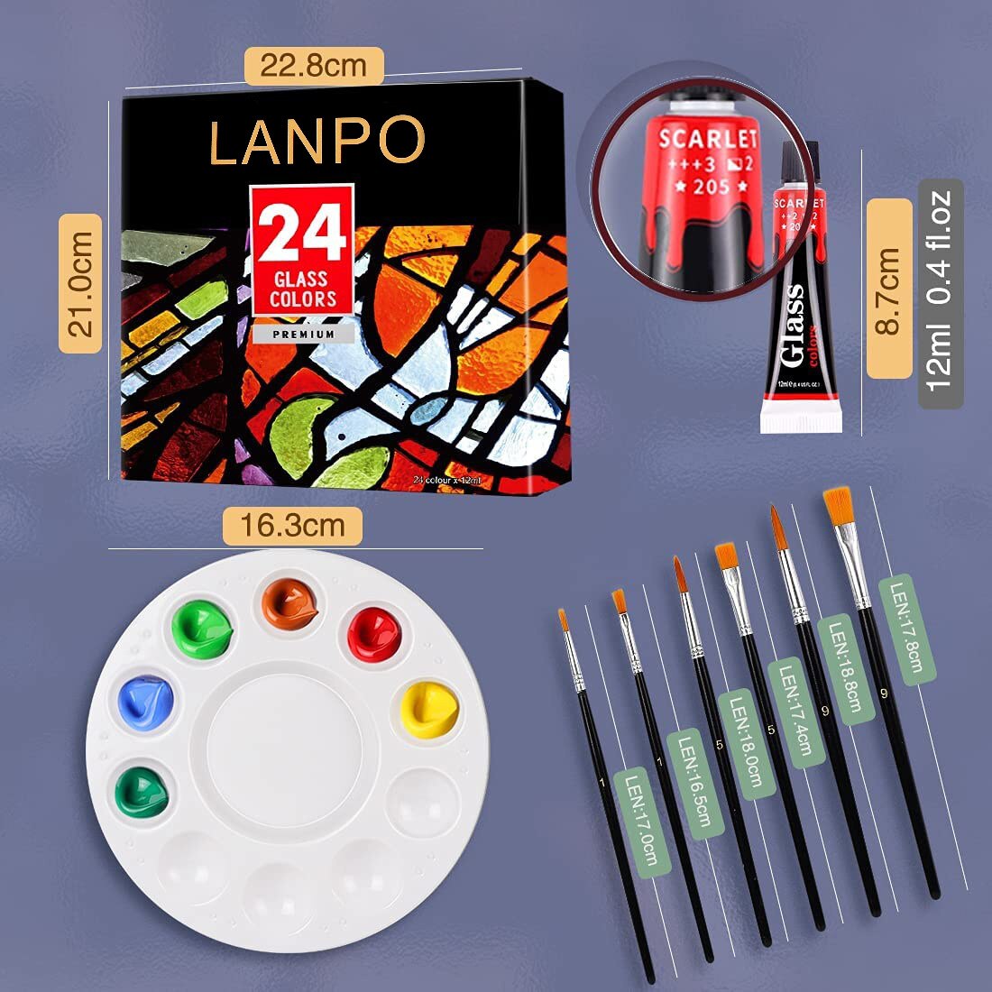 12 24 Colors Stain Glass Paint Set With 6 Nylon Brushes, 1 Palette