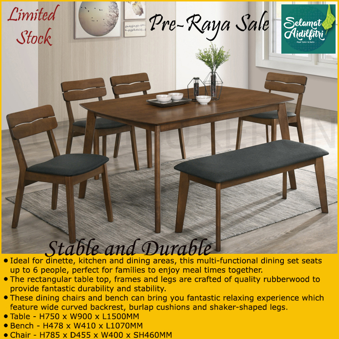 Walment Modern Solid Dining Table with 4 Cushion Dining Chair and Bench