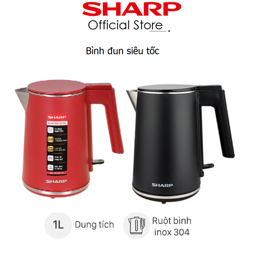 Bình đun siêu tốc Sharp EKJ-10DVPS -RD/BK Inox  304, Dung tích 1Lit- Bảo hành 12 tháng