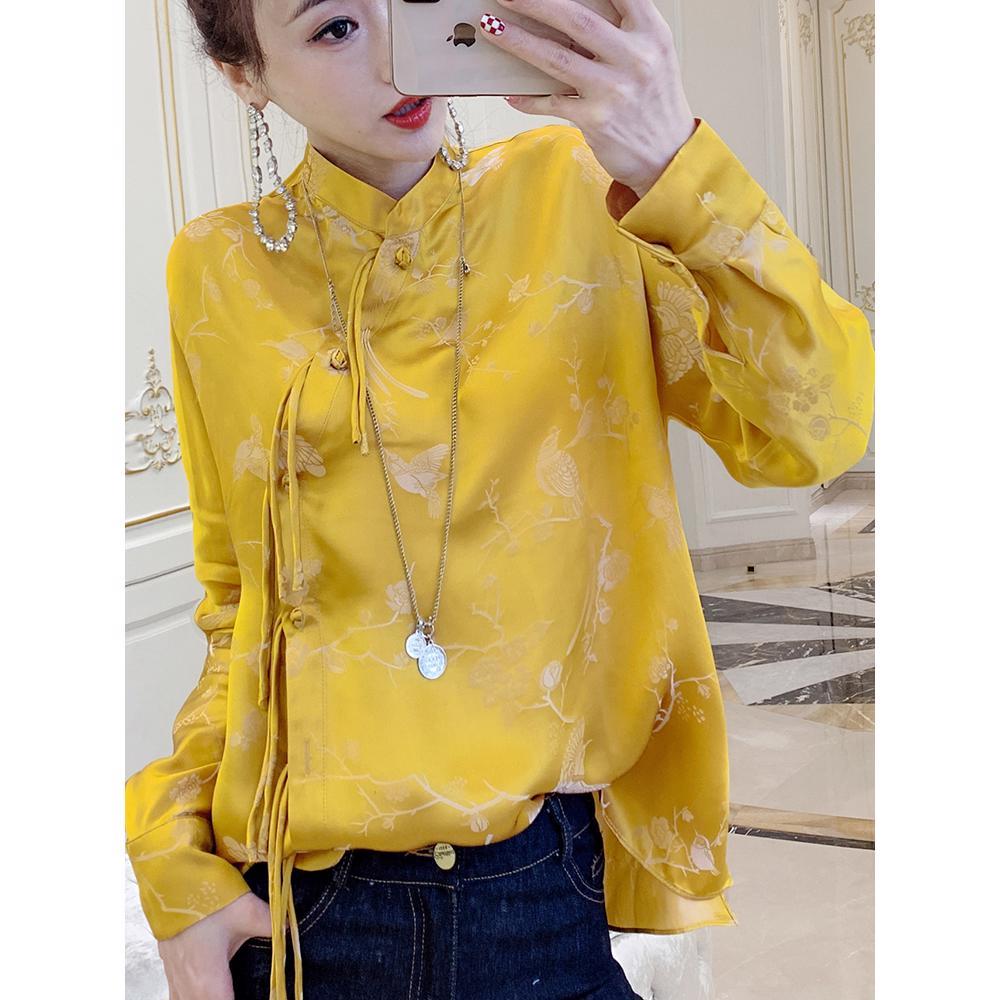Chinese Style Printed Imitation Silk Shirt for Women in Spring 2024 New Long Sleeved Chinese Style Button Up Imitation Mulberry Silk Top