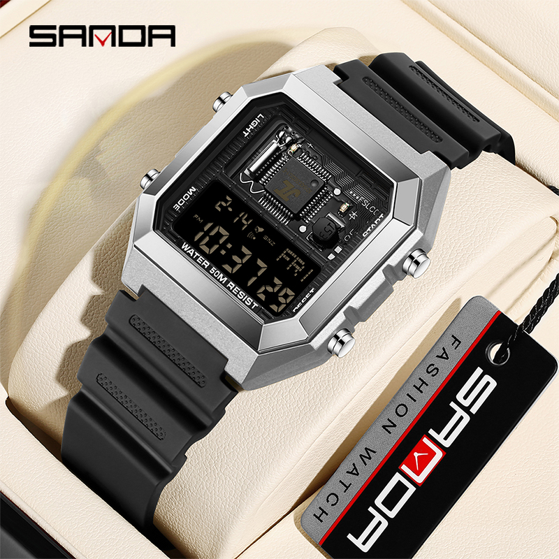 SANDA Youth Personality Electronic Components Cool Sports Waterproof Digital LED Men's Watch Gift Tiktok Same Style SD6216-3.