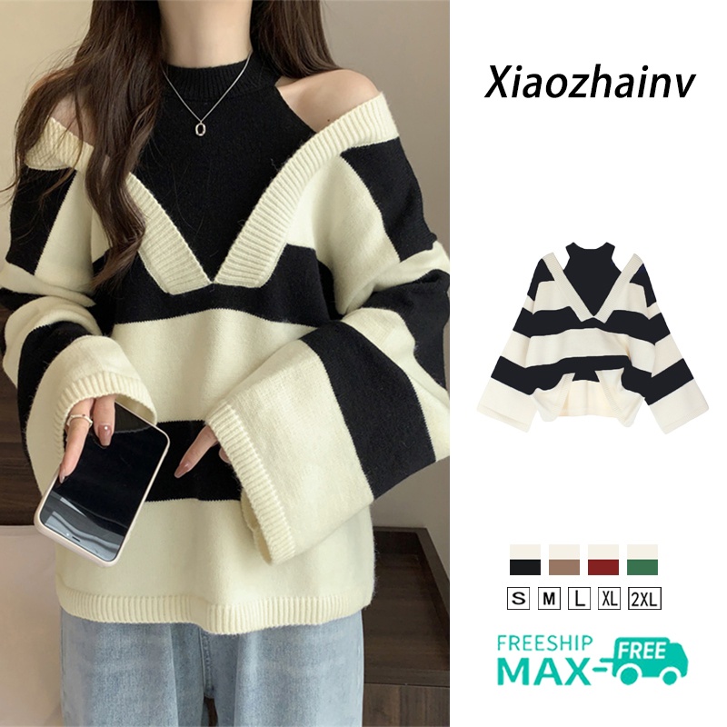 Xiaozhainv Korean Vintage Off-the-shoulder Striped Long-sleeved Oversize Sweater for Woman