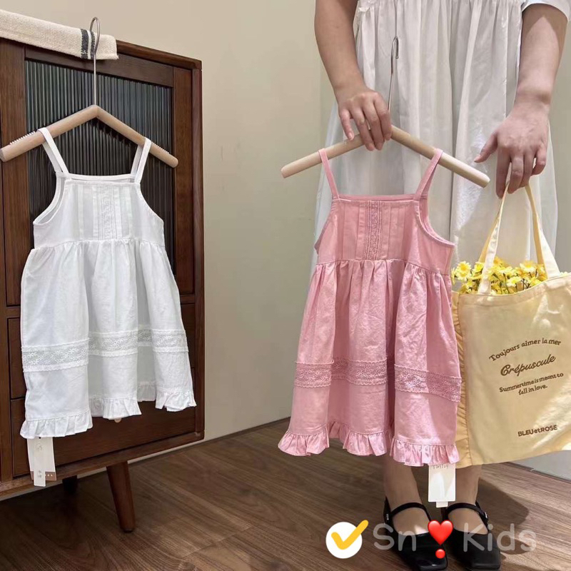 Váy đầm 2 dây ren trắng hồng cho bé gái
