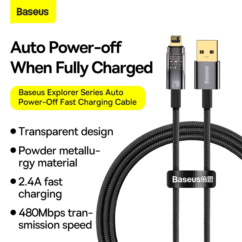 Baseus auto power-off fast charging cable for iphone 14 13 pro max usb to ip 2.4a charger cable for ipad