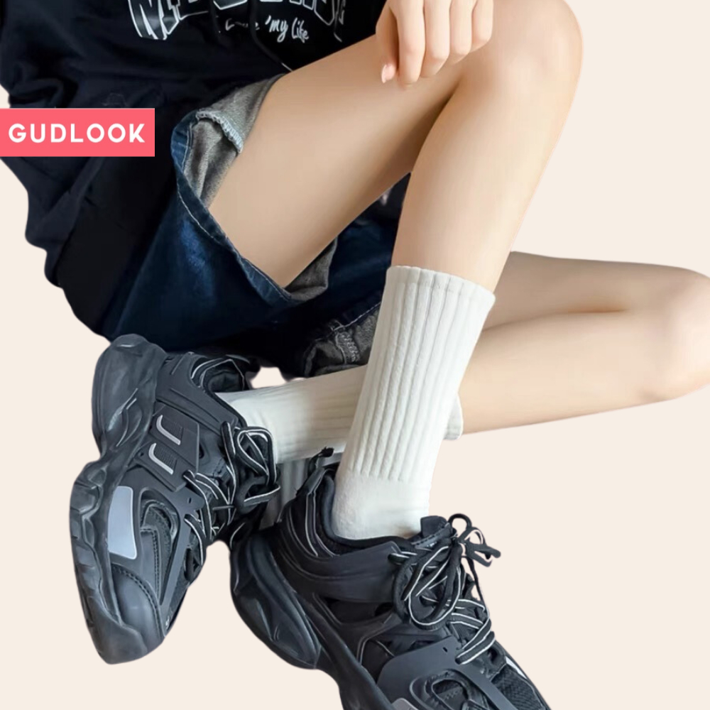 Set 5 Đôi Tất Cao Cổ Màu Basic GUDLOOK Gân Tăm Vintage