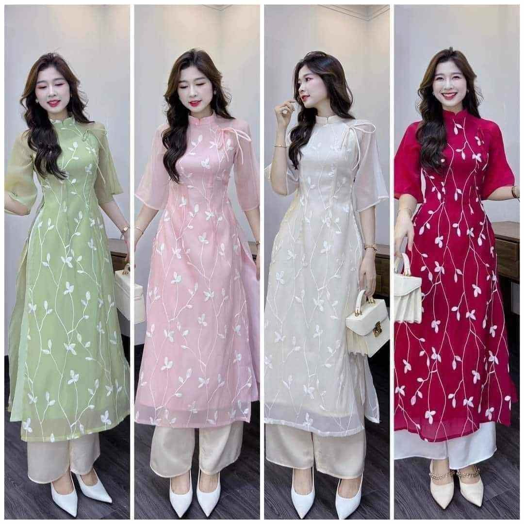 Set Áo dài cách tân tơ thêu hoa dây 4 tà,  hoa cổ trụ xinh xắn , trẻ trung – Áo dài Mieso