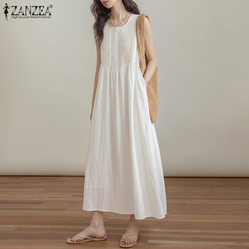 ZANZEA%20Korean%20Style%20Women's%20Dresses%20New%20Fashion%20Sleeveless%20Round%20Neck%20Pleated%20Casual%20A-Line%20Dress%20-%20Image%204
