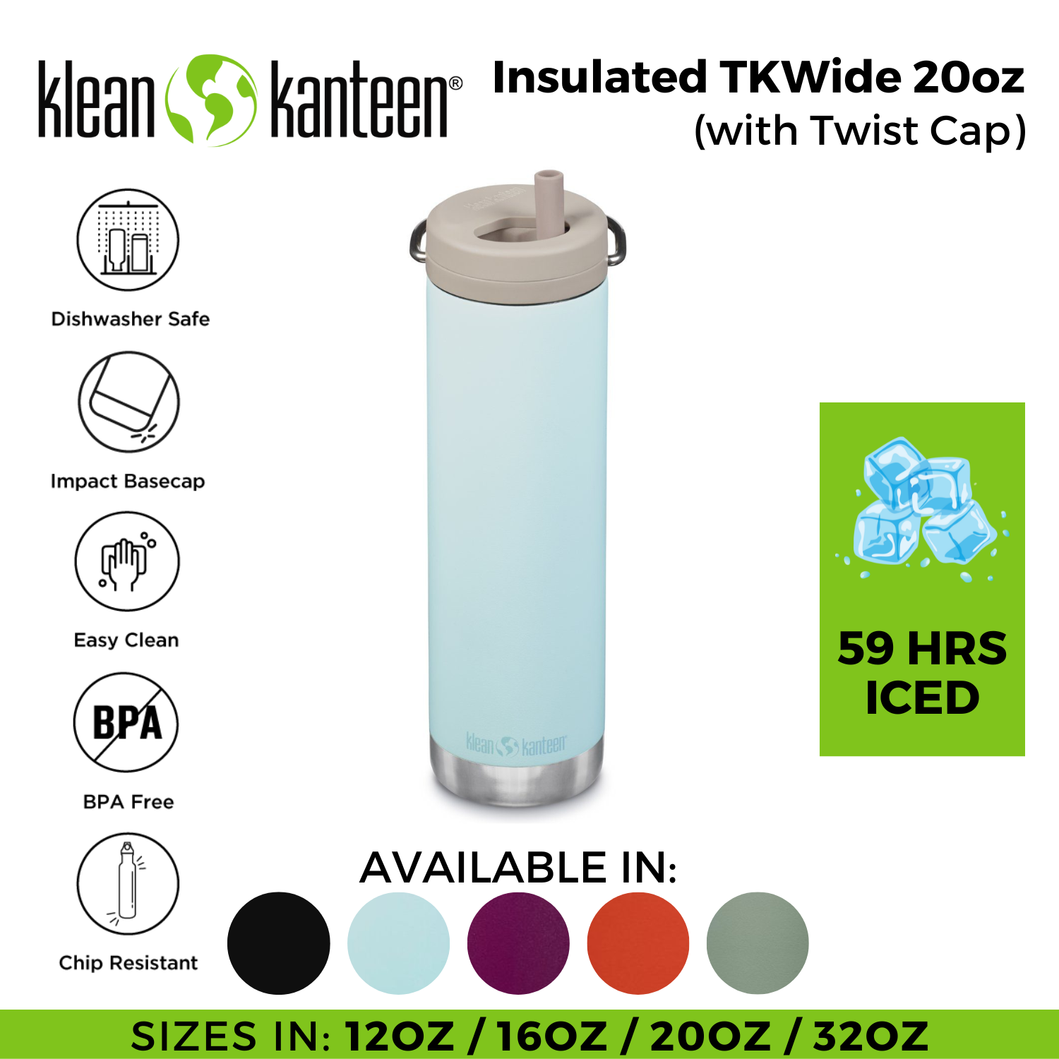 Klean Kanteen 20 oz. TKWide with Twist Cap Blue Tint