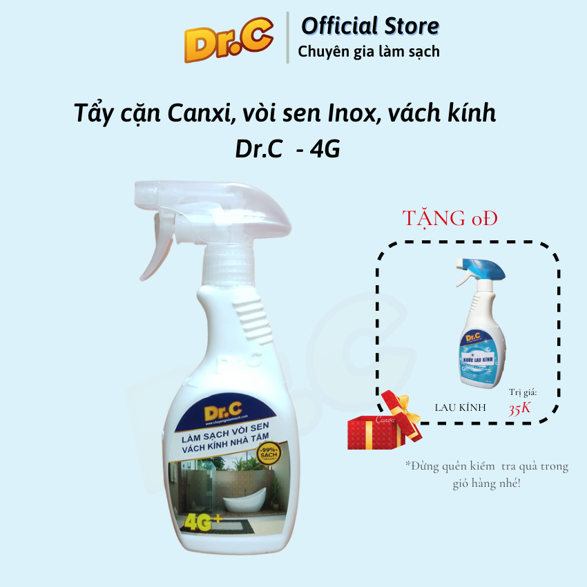 Siêu tẩy cặn canxi nhà tắm, tẩy sạch vòi inox, đốm nước trên vách kính, bồn sứ, gạch men, Dr.C, Chính hãng, Chai 300ml