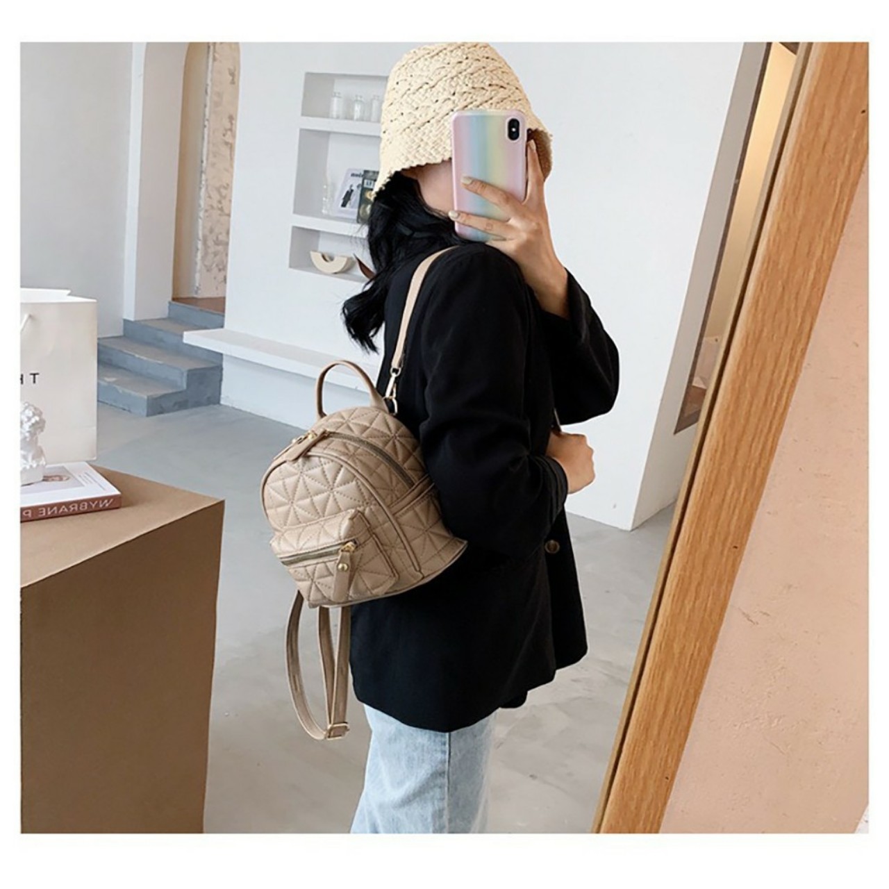 Balo mini nữ thời trang đeo được 2 kiểu balo trám ô BLOTRAM01