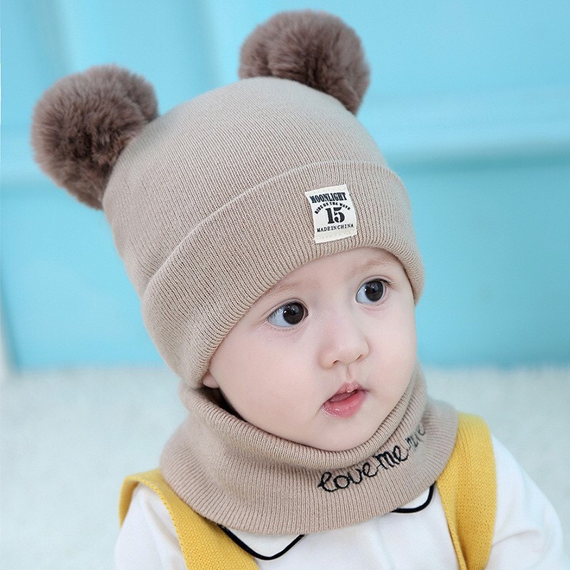 Mũ len 2 quả bông KÈM KHĂN cho bé