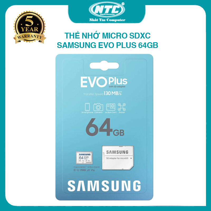 Thẻ nhớ MicroSDXC Samsung Evo Plus 64GB U1 2K R130MB/s W20MB/s - box Anh New 2022 (Trắng) Kèm Adapter - Nhất Tín Computer
