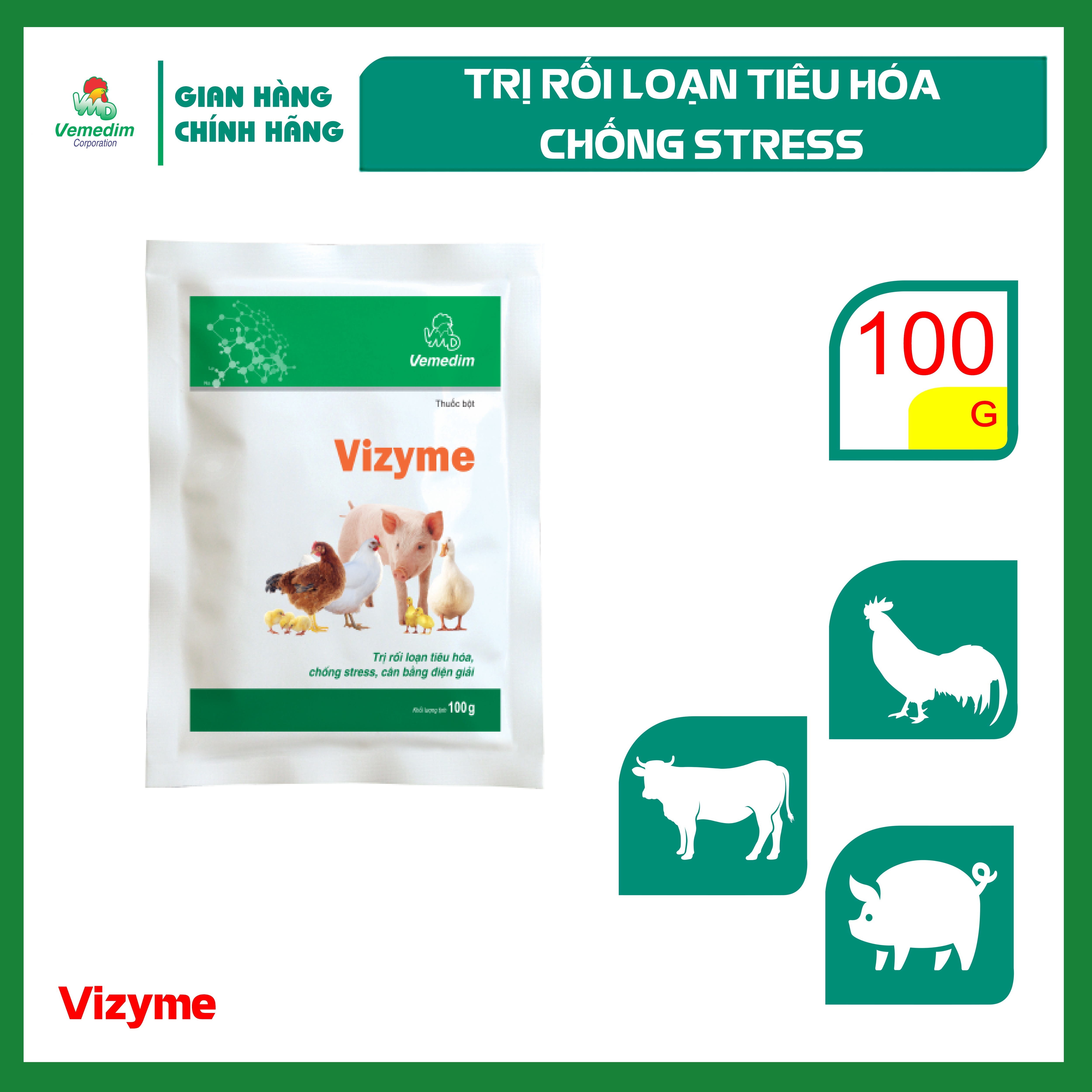"Hoàn tiền đến 10%" Vemedim Vizyme hỗ trợ tiêu hóa, chống stress, cân bằng điện giải cho gia súc, gia cầm, gói 100g