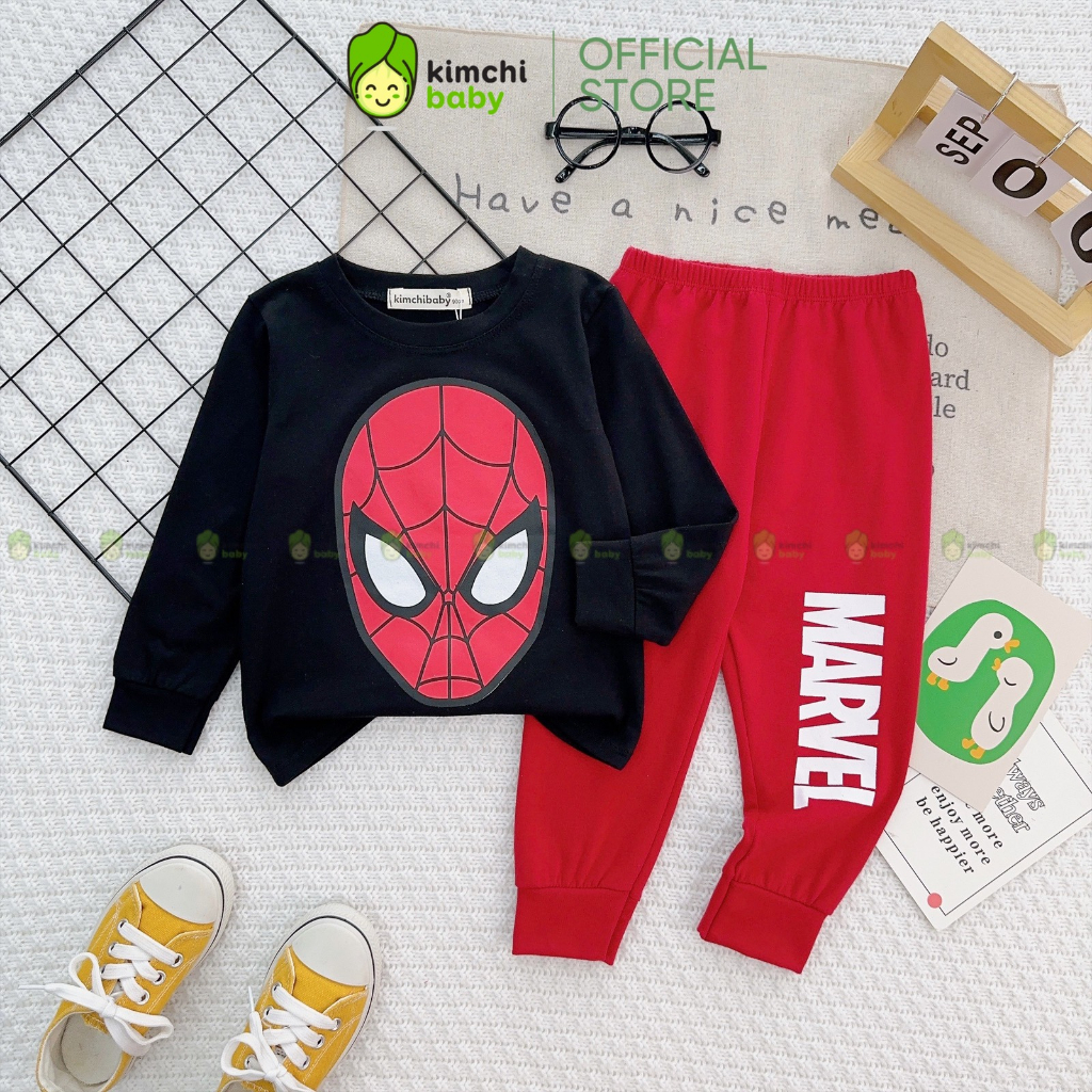 Đồ bộ cho bé trai kimchibaby vải cotton dư xịn mềm mịn hoạ tiết siêu nhân người nhện, bộ dài tay cho bé mặc nhà kctd311