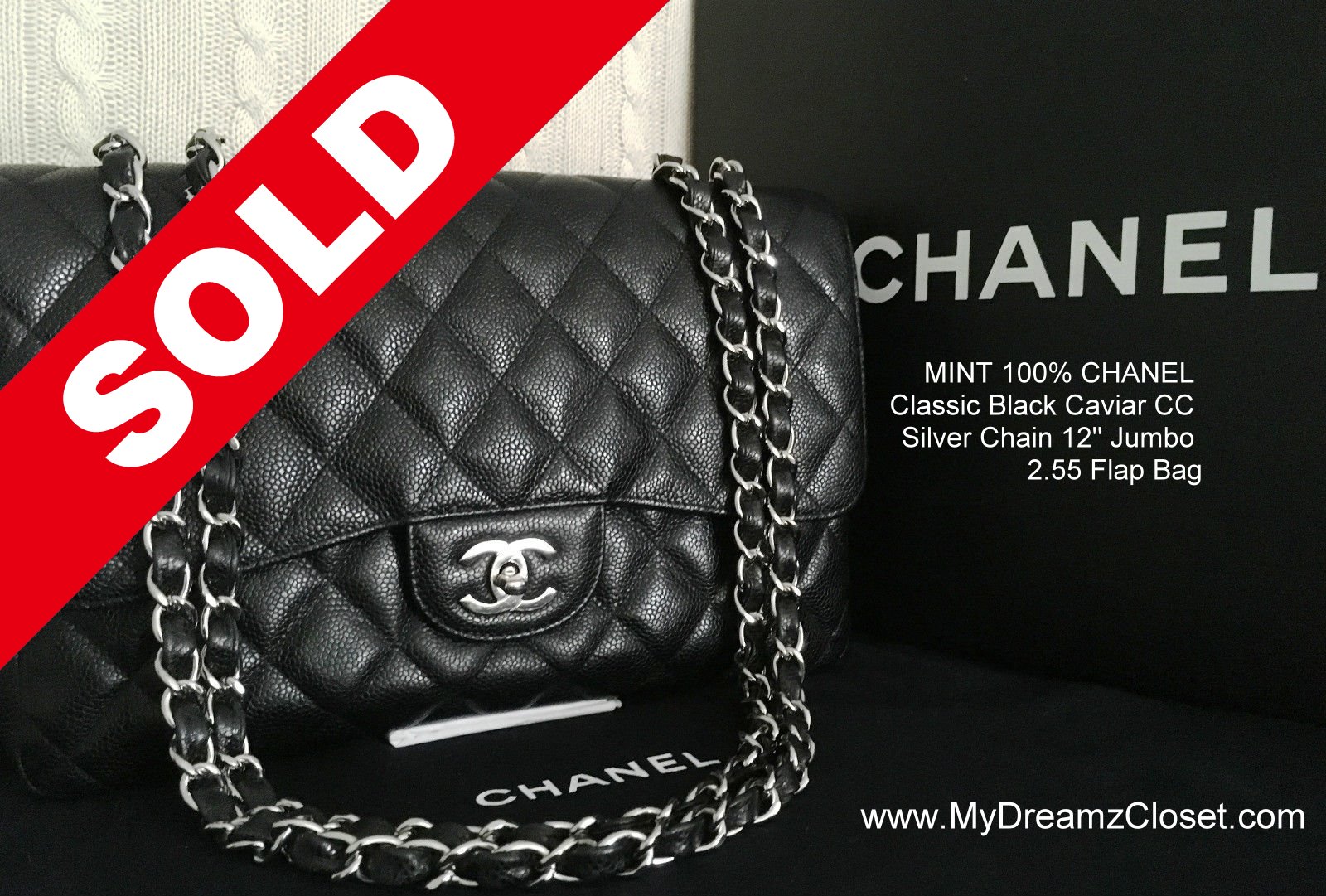 SOLD - MINT 100% CHANEL Classic Black Caviar CC Silver Chain 12