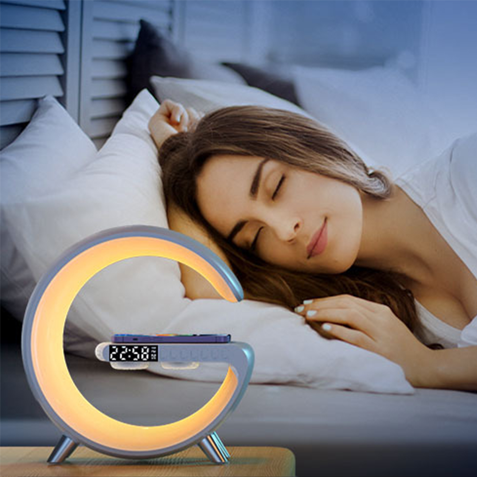 Intelligent G-shaped Bluetooth-compatible Speaker Digital Display Screen Alarm Clock Speaker for Women Men Bedroom Living Room