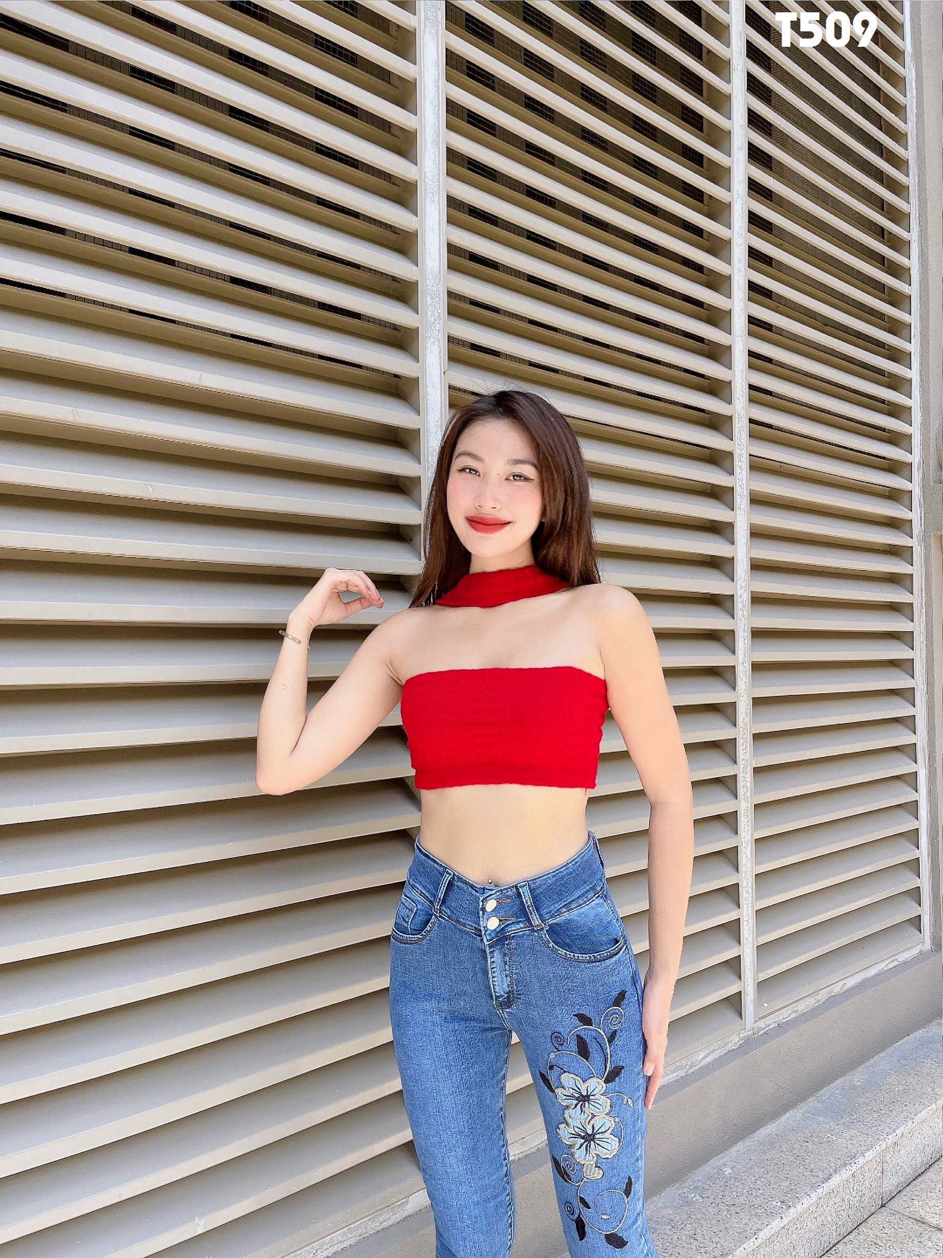 Quần jean nữ thêu hoa chất co giãn T509