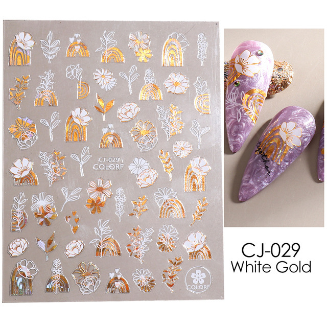 WOOLOVE 1PC Leaves Nail Art Sticker Sliders Gold White Bronzing Flowers Adhesive Decals Women Face DIY Nail Decorations Accessories