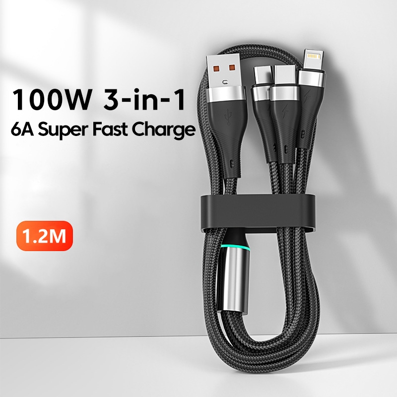 Elough 100W 3 in 1 USB Fast Charging Cable For Iphone Haiwei 6A Type C Charging Data Cable Multi Port Micro USB Charging Wire