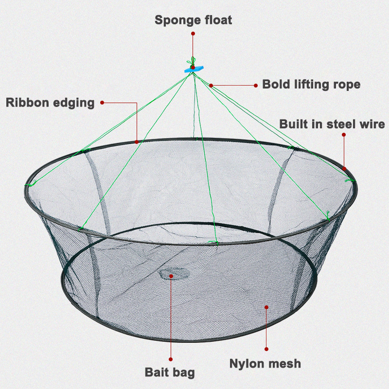 80CM Loose Mouth Folding Drop Fishing Net Shrimp Catcher Tank Casting Network Fish Eels Trap Cage Prawn Bait Crab Netting. 