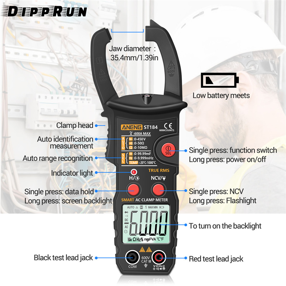 Dipprun aneng st184 Kẹp Kỹ thuật số Đồng hồ vạn năng 6000 đếm chuyên nghiệp RMS thật AC/DC Máy kiểm tra dòng điện áp Hz điện dung