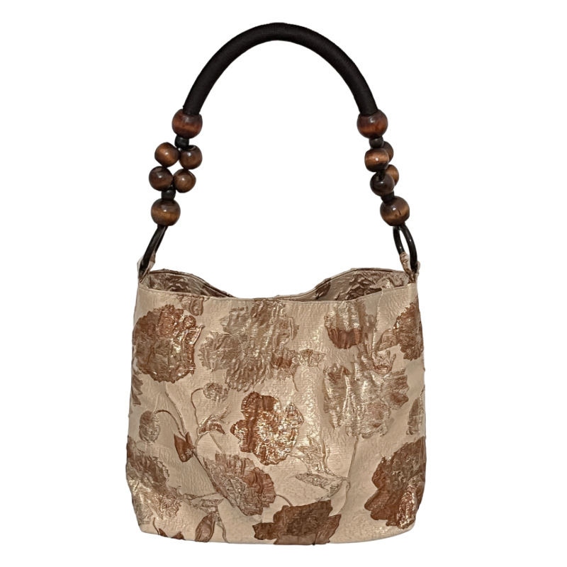 QFDI Women's shoulder bag brown vintage jacquard new Chinese style wooden bead woven chain bag