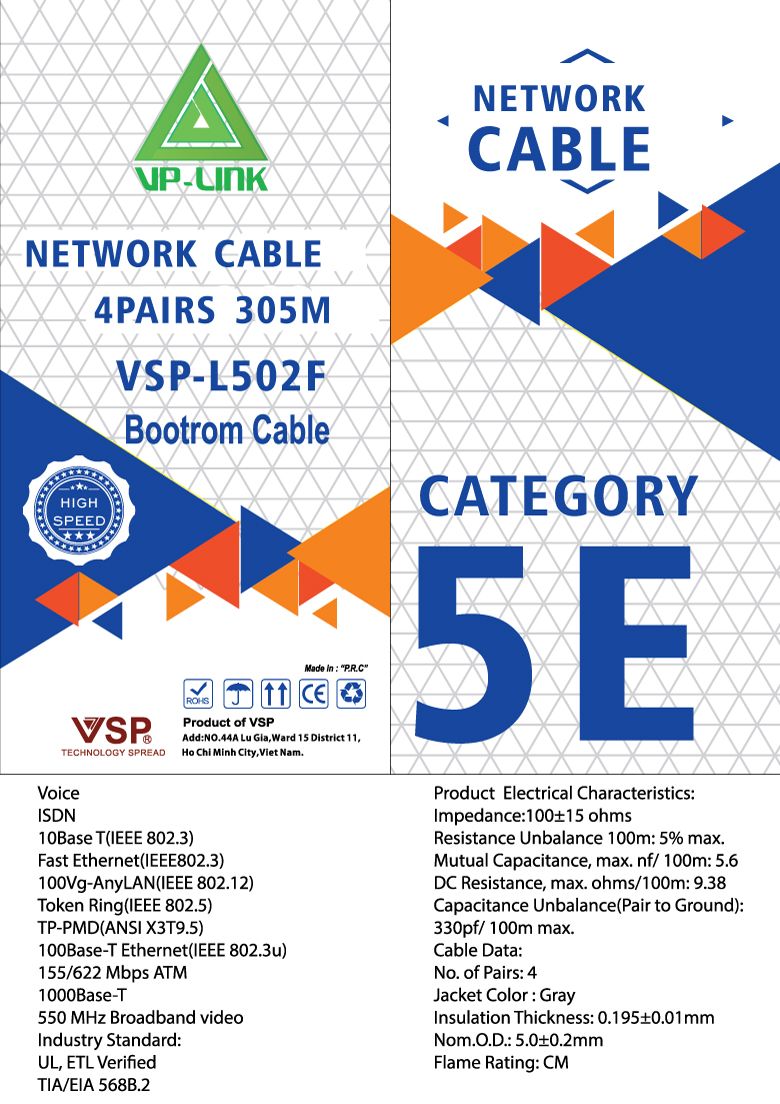 Cable LAN VISION L502F UTP CAT 5E loại tốt (300m, Cam) - Cáp mạng