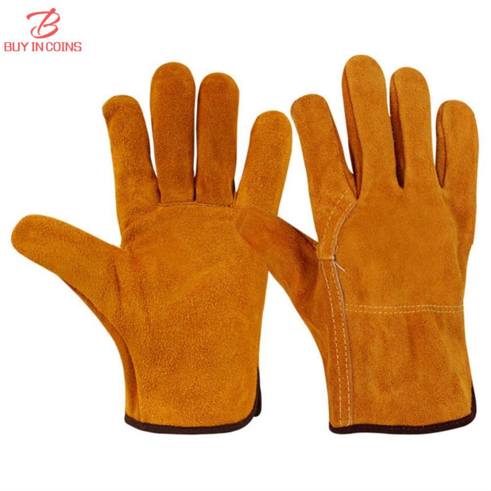 BC Short Electric Welding Cowhide Protective Gloves Heat Insulation Anti-Hot Wear Resistant Machinery Shipyard Retro Labor Protection Gloves Outdoor Work Protective Equipment