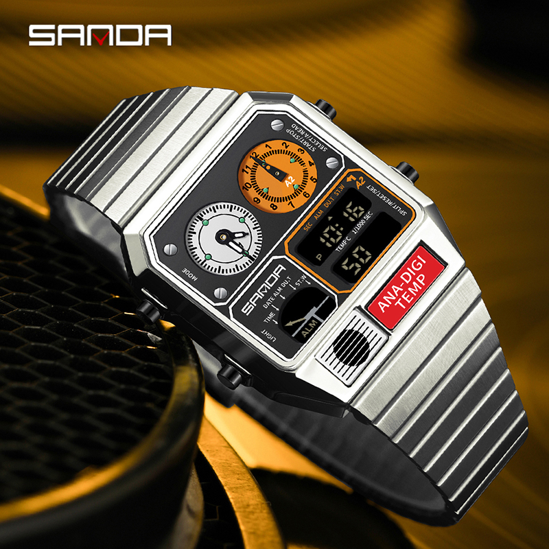 Sanda Retro Trendy Punk Dual Display Luminous Waterproof Electronic Quartz Men's Watch SD3192-1.