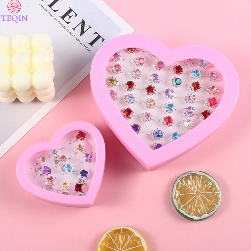 TEQIN new！！Children Ring Diy Set Princess Girl Jewelry Heart-shaped Gift Box Rich Styles Adjustable size Colorful Brick Crystal Gem Ring