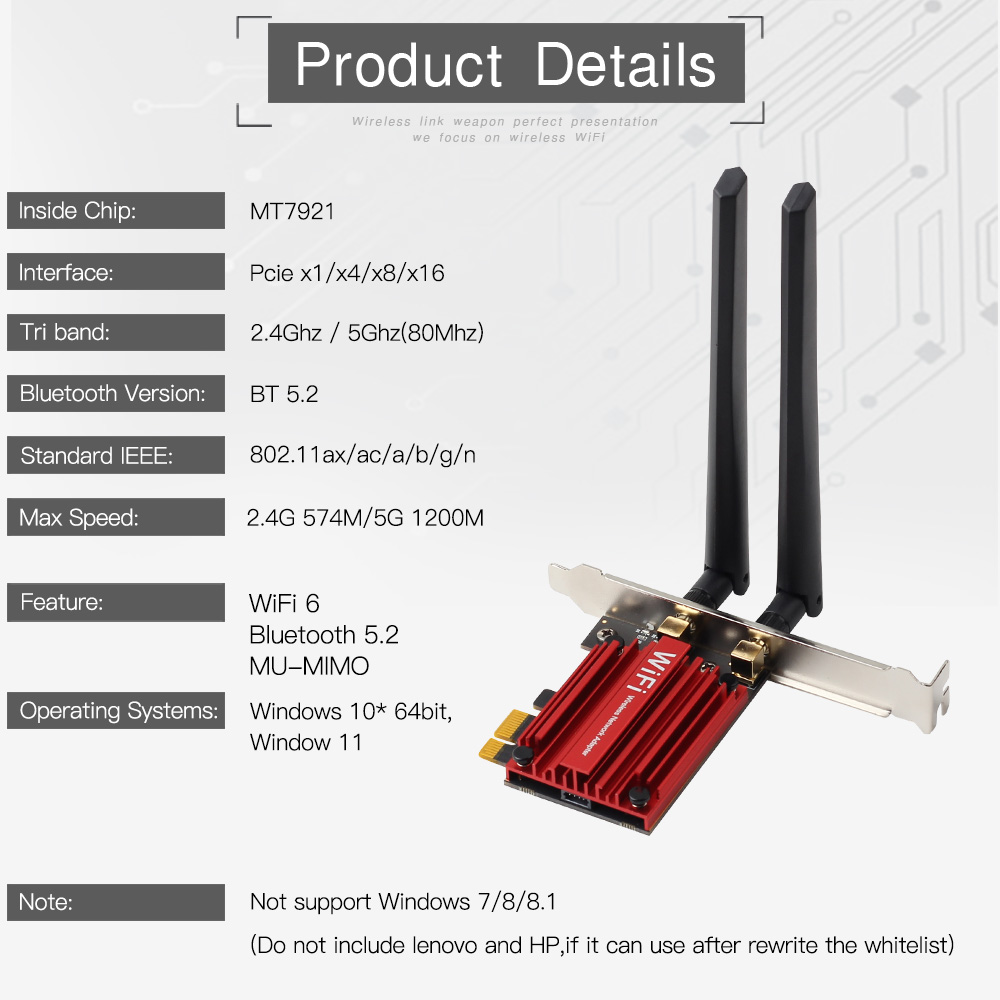 1800Mbps Wifi 6 MT7921 PCI Express Wireless Adapter Bluetooth 5.2 Dual Band 802.11AX/AC Wi-fi Network Card Windows 10 11. 