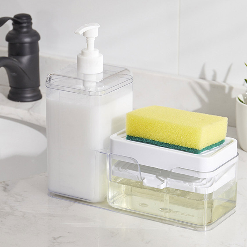 Dish Soap Dispenser Organizer Draining Tray Sponge Holder Organizer for Kitchen Sink Large Capacity Soap Pump Dispenser