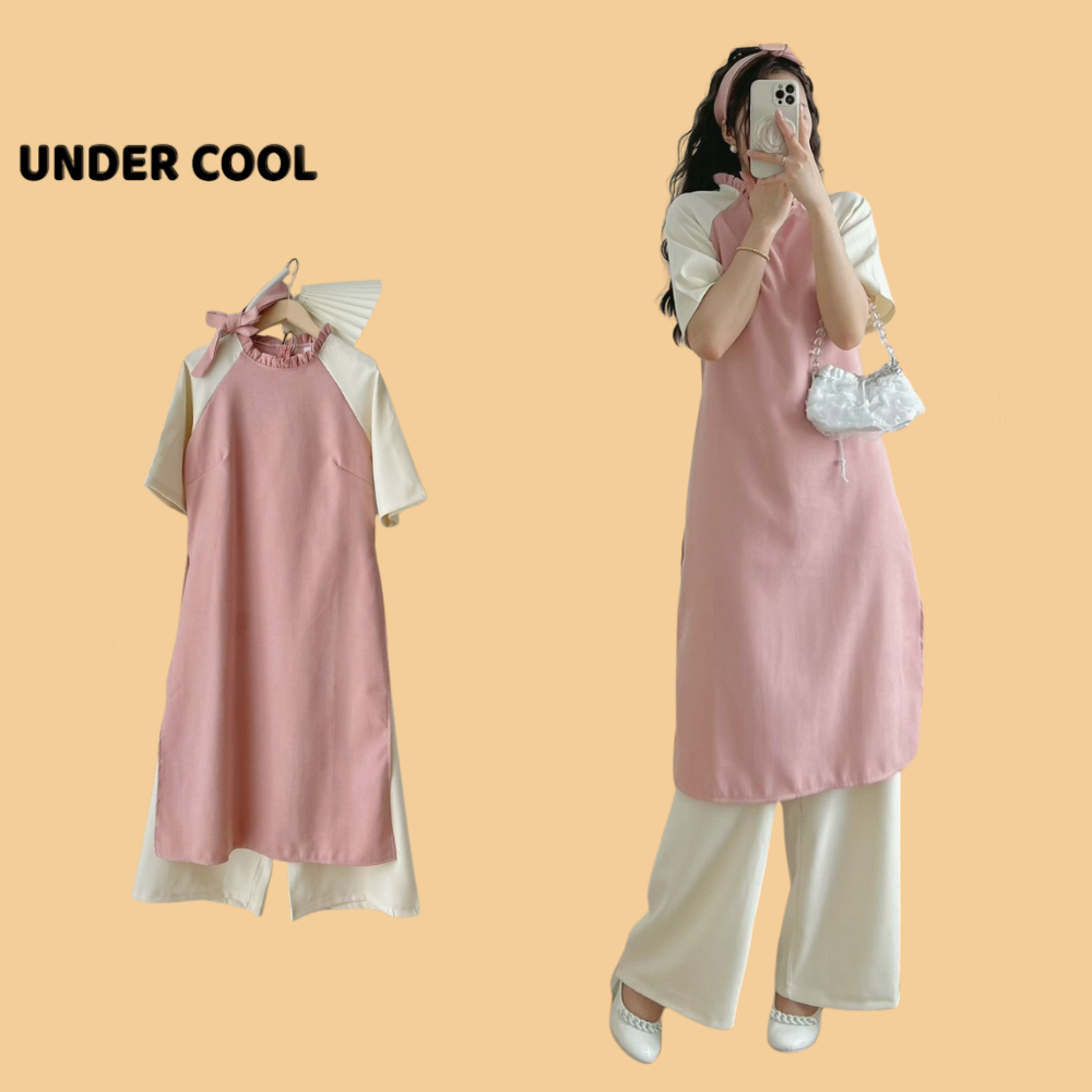 Set áo dài nhung cách tân cổ bèo undercool trơn phối màu kèm đai