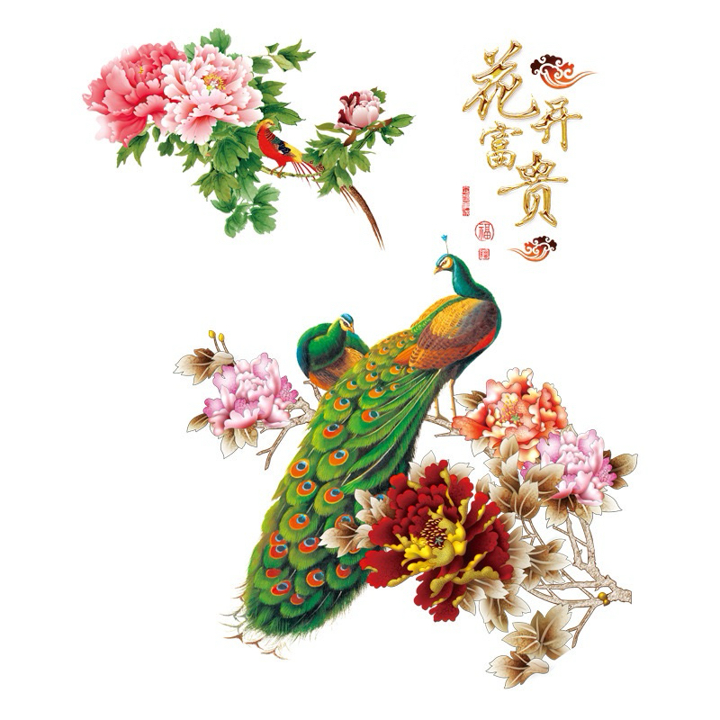 Decal dán tường chim công và hoa 01
