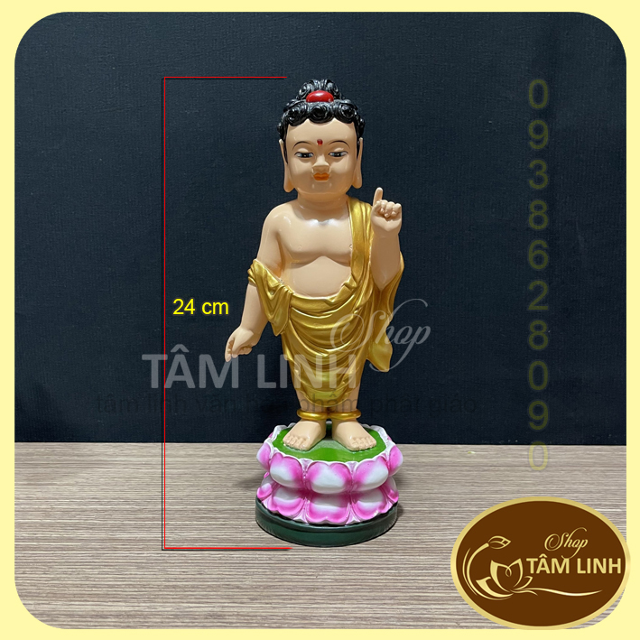 Tượng phật đản sanh cao 24 cm kèm vòng hào quang led neon