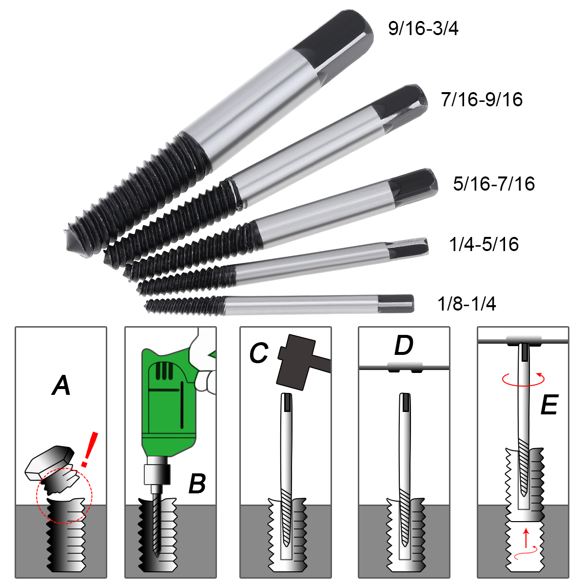 5pcs Screw Extractors Center Drill Bits Guide Set Broken Damaged Bolt Remover Hex Shank And Spanner Removal Speed Easy Set