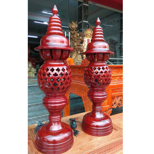 Cặp đèn thờ tổ ong gỗ xà cừ chạm tổ ong cao 36cm