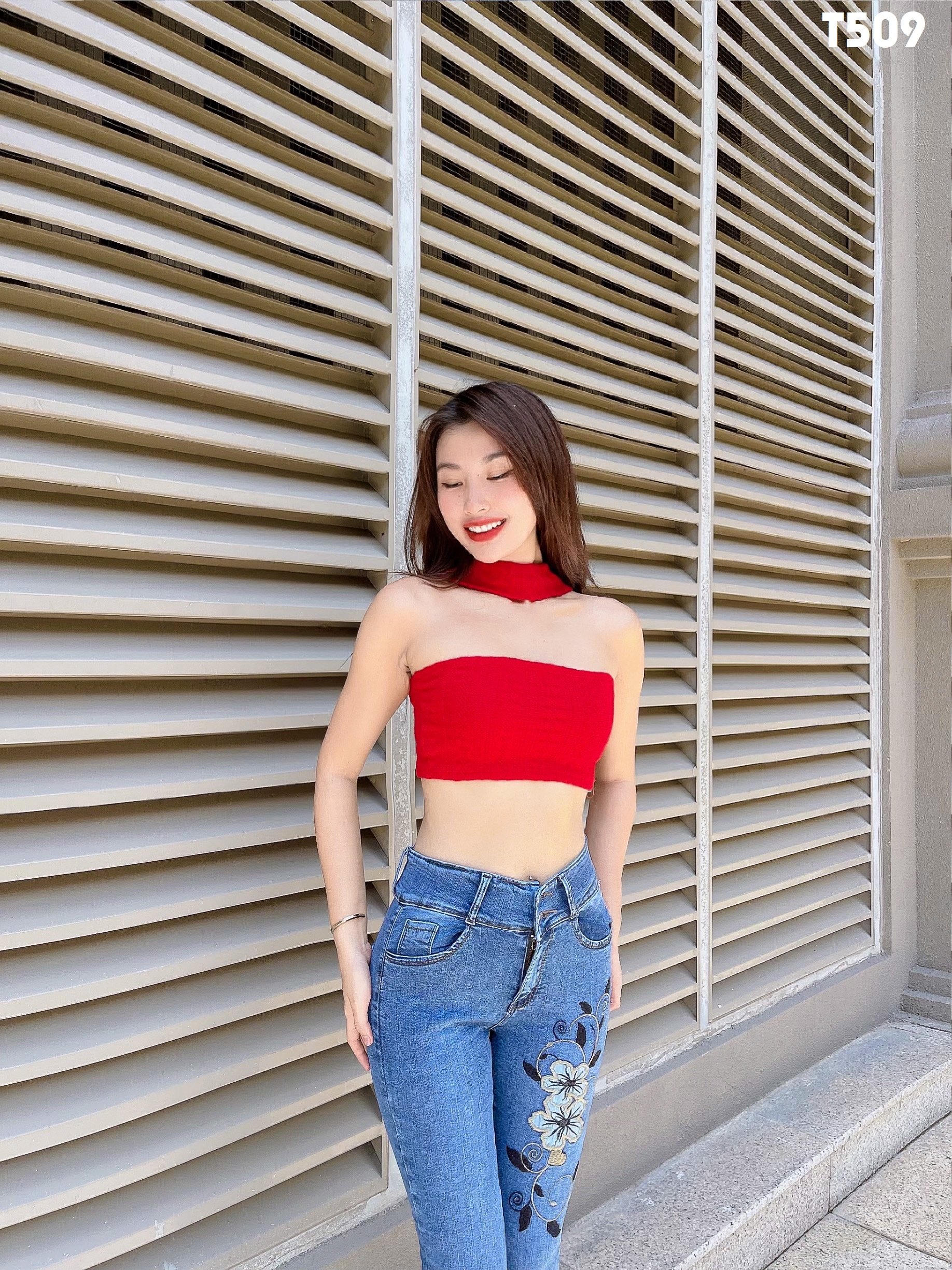 Quần jean nữ thêu hoa chất co giãn T509