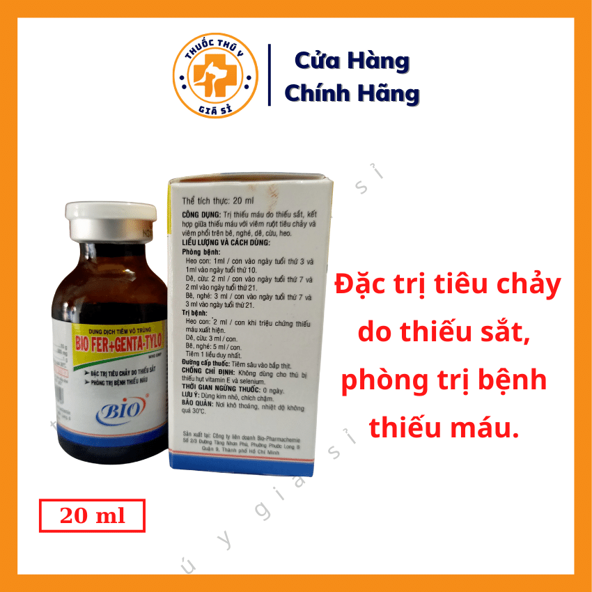 "hoàn tiền đến 10%" bio fer genta tylo 20ml- trị tiêu chảy do thiếu sắt, viêm ruột, viêm phổi trên heo con - thú y giá sỉ