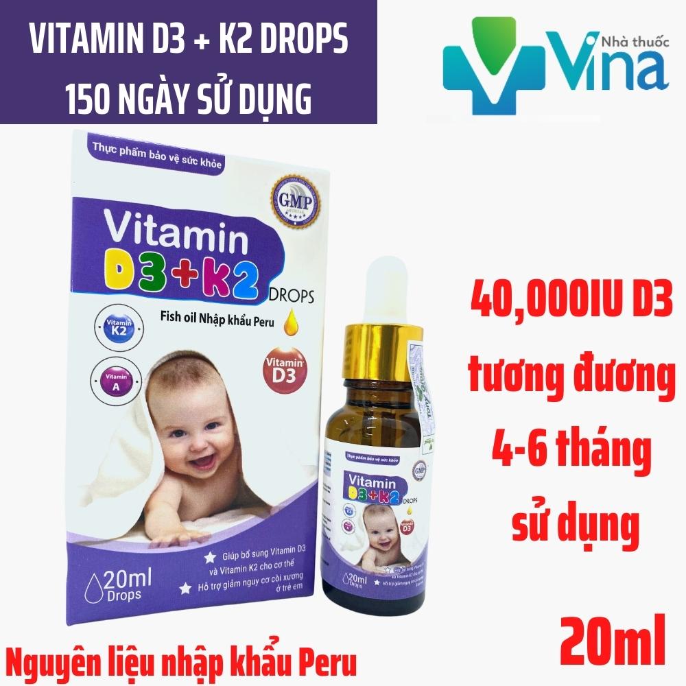 Vitamin D3 + K2 Drops 40000IU- 150 ngày sử dụng - Bổ sung vitamin D3 &K2 Tăng cường hấp thu canxi tối đa Lọ 20ml