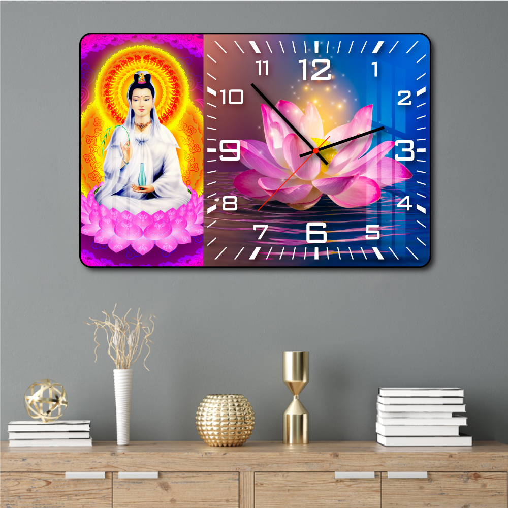 Lalashop - Tranh Phật Kèm Đồng Hồ Treo Tường Tráng Gương Cao Cấp Tranh đồng hồ tráng gương decor phòng khách Tranh Treo Tường Phật Quan Âm Bồ Tát Tranh Phật
