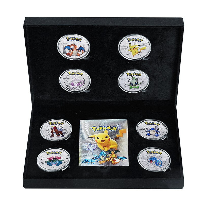 8 PCS/Set Pokemon Card Elf Game Coin Set Pikachu Charizard English Card Plated Kawaii Commemorative Coin Collect Toy Gift