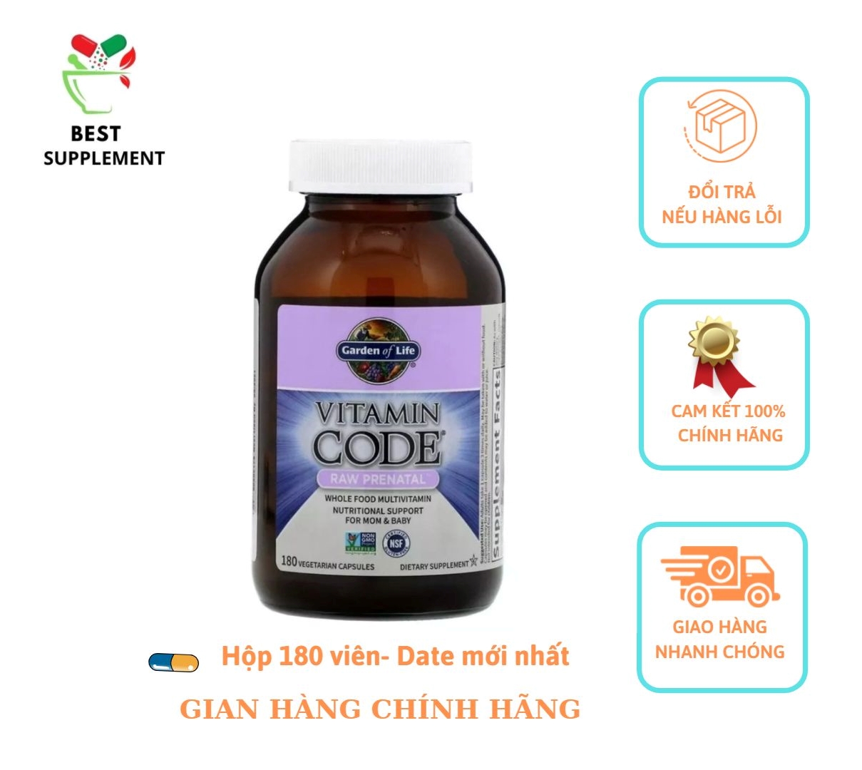 Vitamin cho Bà Bầu Garden of Life Vitamin Code RAW prenatal 180 Vegetarian Capsules